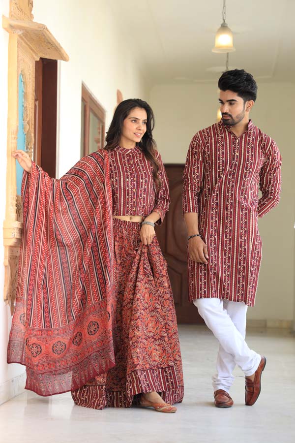 Wine Ethnic Women’s Chaniya Choli & Men’s Kurta set