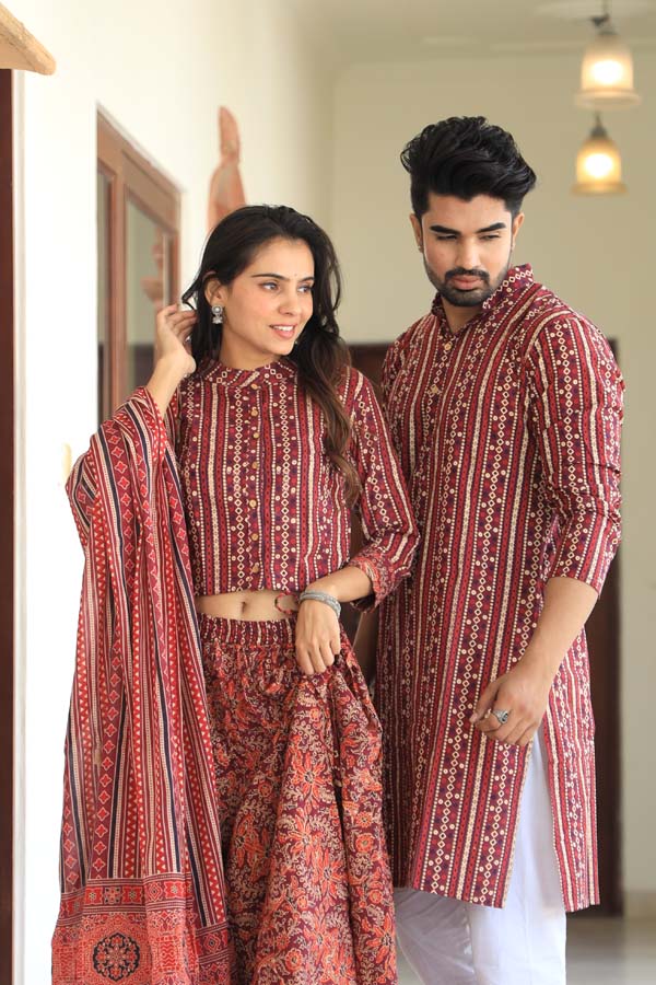 Wine Ethnic Women’s Chaniya Choli & Men’s Kurta set