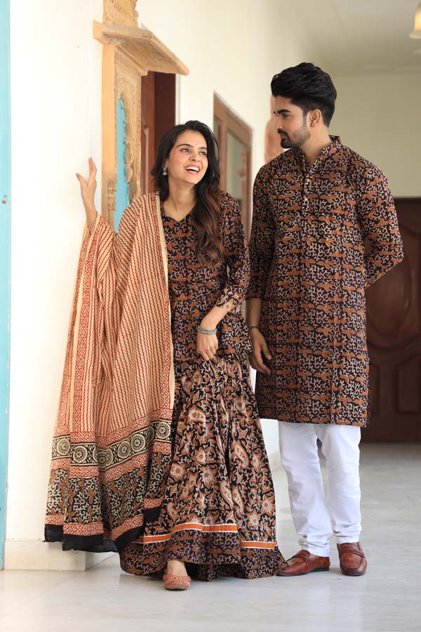 Brown Ethnic Women’s Chaniya Choli & Men’s Kurta set