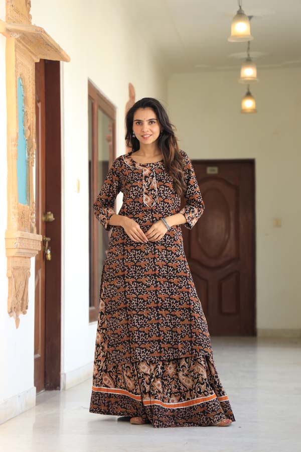 Seal Brown Long Kurta & Skirt With Dupatta