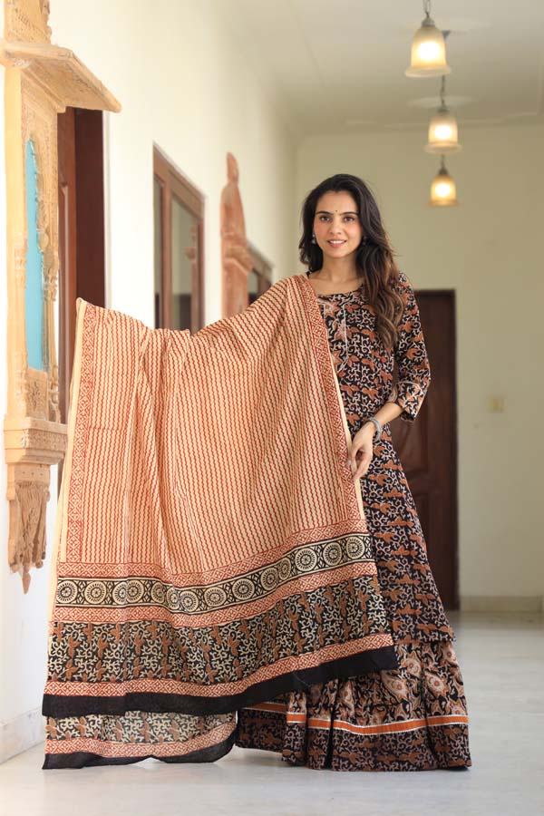 Seal Brown Long Kurta & Skirt With Dupatta