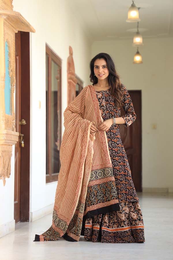 Seal Brown Long Kurta & Skirt With Dupatta