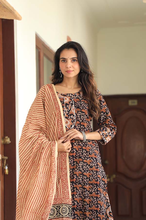 Seal Brown Long Kurta & Skirt With Dupatta