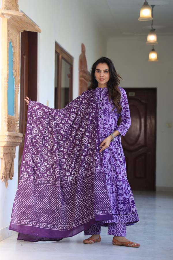 Purple Anarkali suit with Mulmul Dupatta