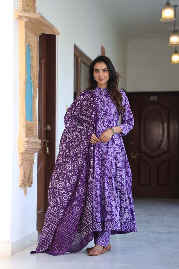 Purple Anarkali suit with Mulmul Dupatta