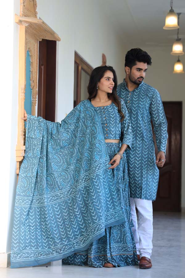 Sky Blue Women’s Chaniya Choli & Men’s Kurta set