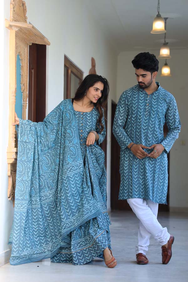 Sky Blue Women’s Chaniya Choli & Men’s Kurta set