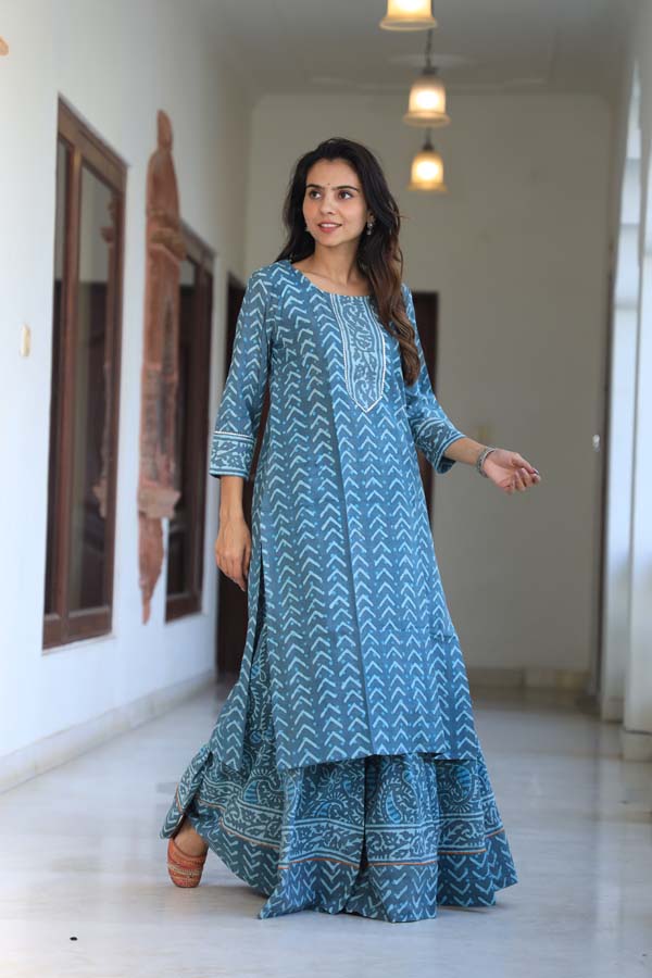 Sky Blue Kurta & Skirt With Dupatta