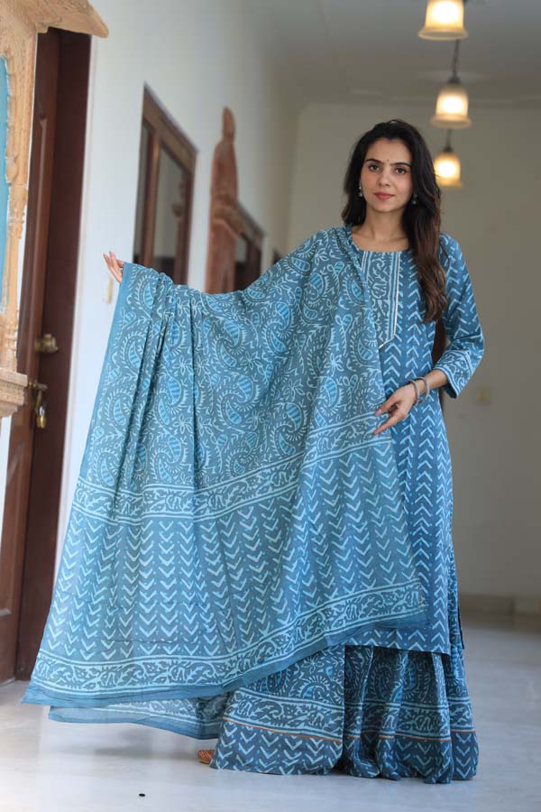 Sky Blue Kurta & Skirt With Dupatta