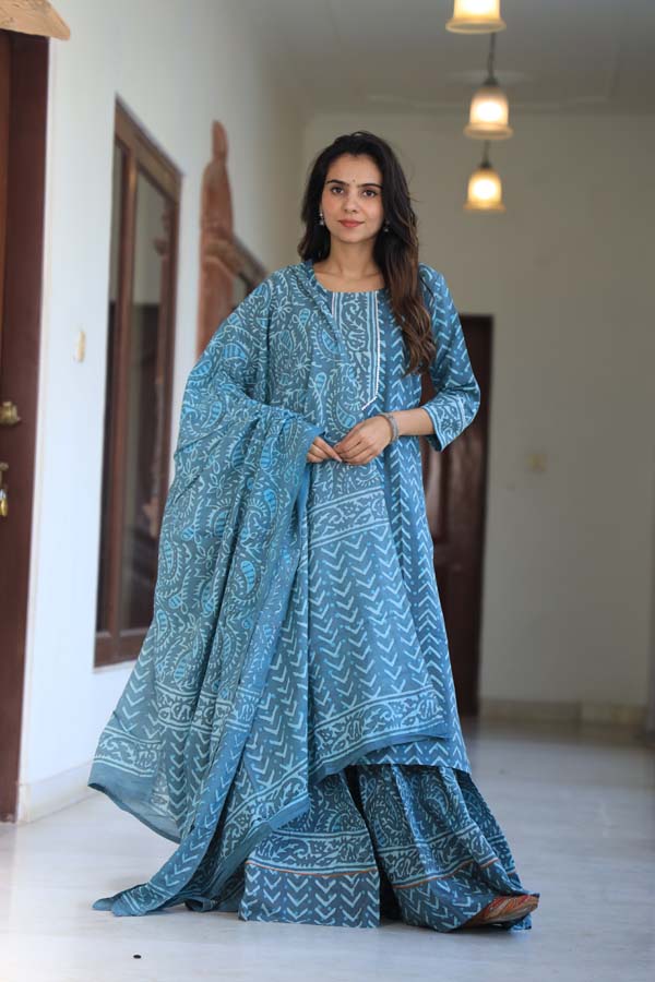 Sky Blue Kurta & Skirt With Dupatta