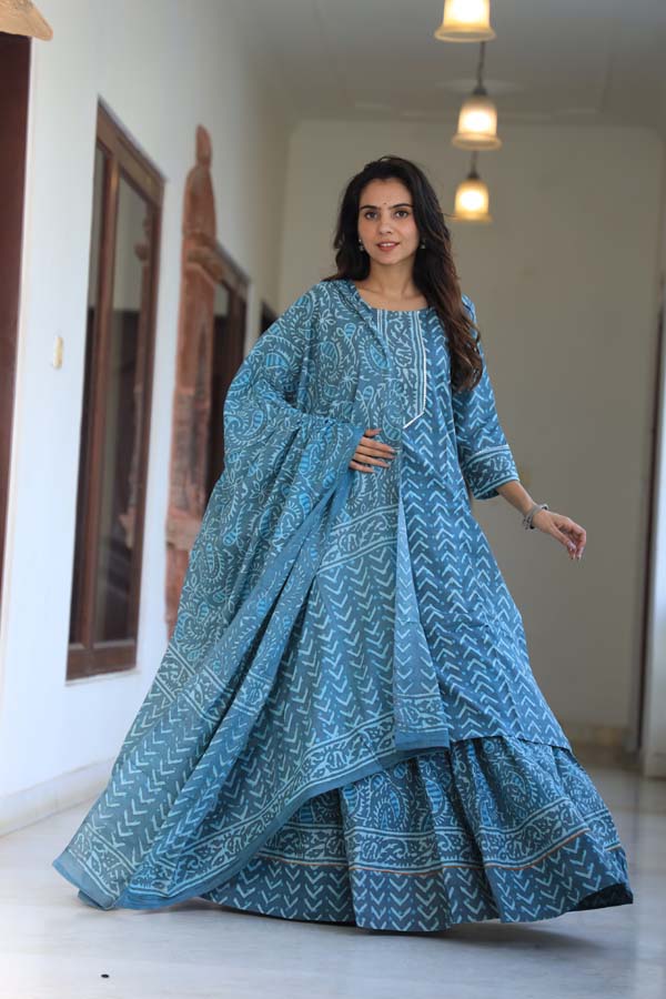 Sky Blue Kurta & Skirt With Dupatta