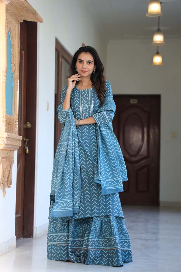 Sky Blue Kurta & Skirt With Dupatta