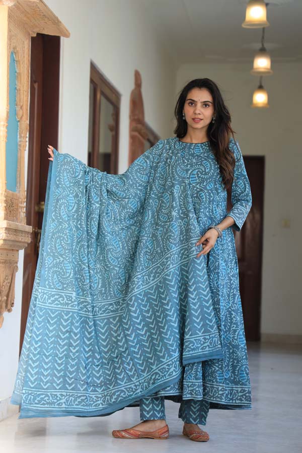 Sky Blue Anarkali suit with Mulmul Dupatta