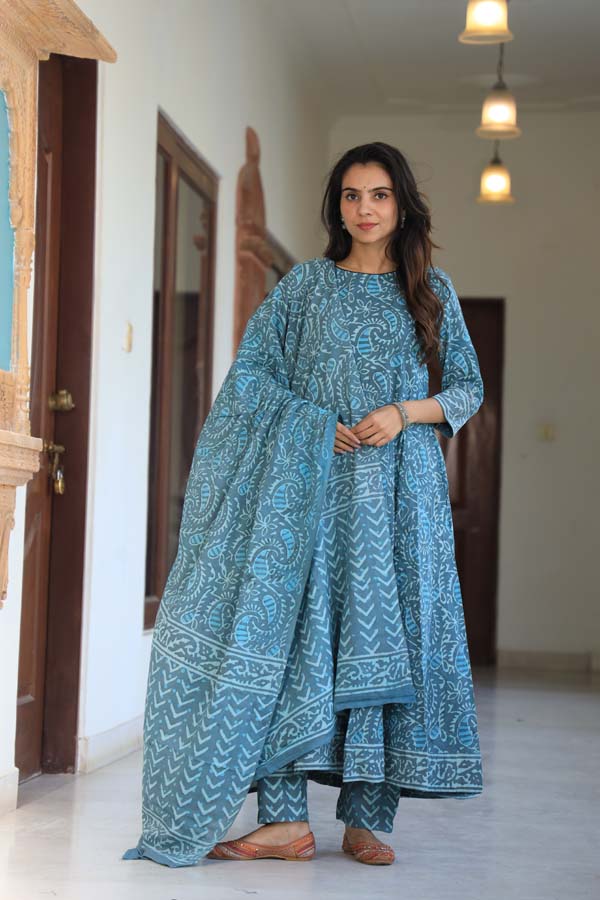 Sky Blue Anarkali suit with Mulmul Dupatta