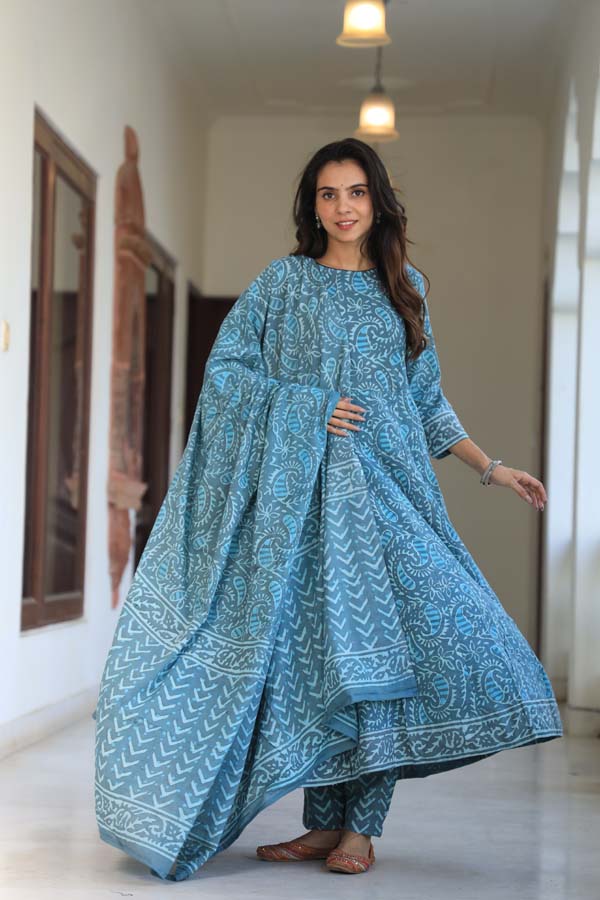 Sky Blue Anarkali suit with Mulmul Dupatta