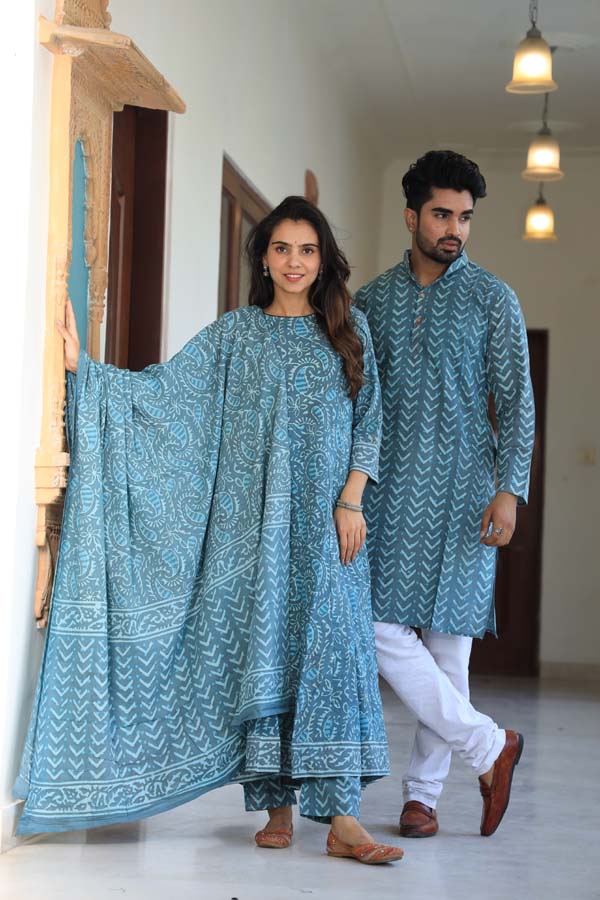 Sky Blue Anarkali & Kurta Sets for couples