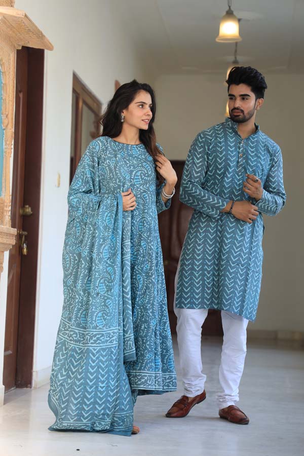 Sky Blue Anarkali & Kurta Sets for couples