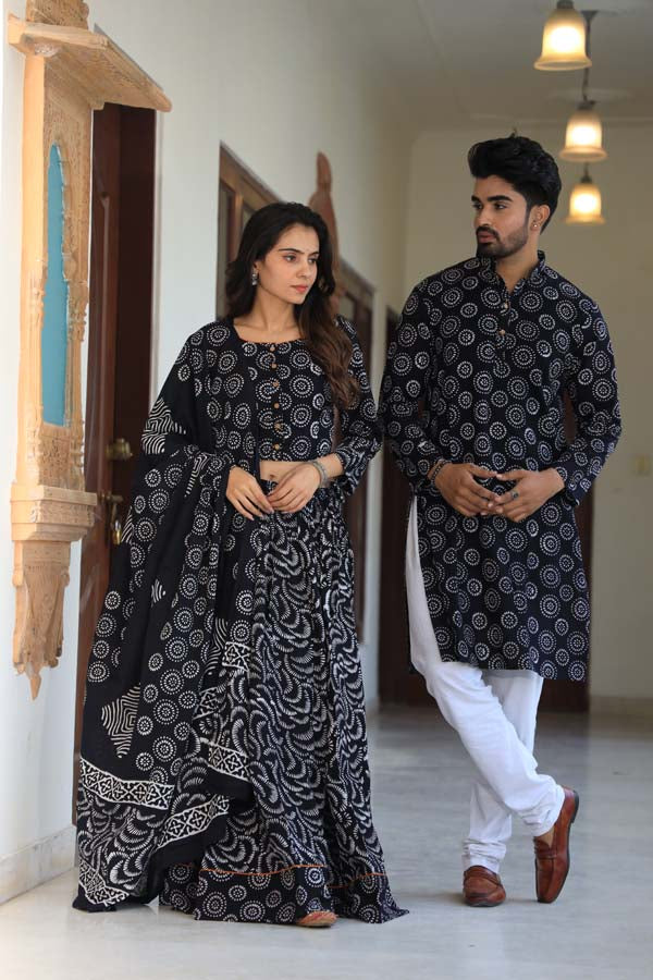 Black Ethnic Women’s Chaniya Choli & Men’s Kurta set