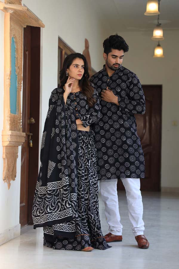 Black Ethnic Women’s Chaniya Choli & Men’s Kurta set