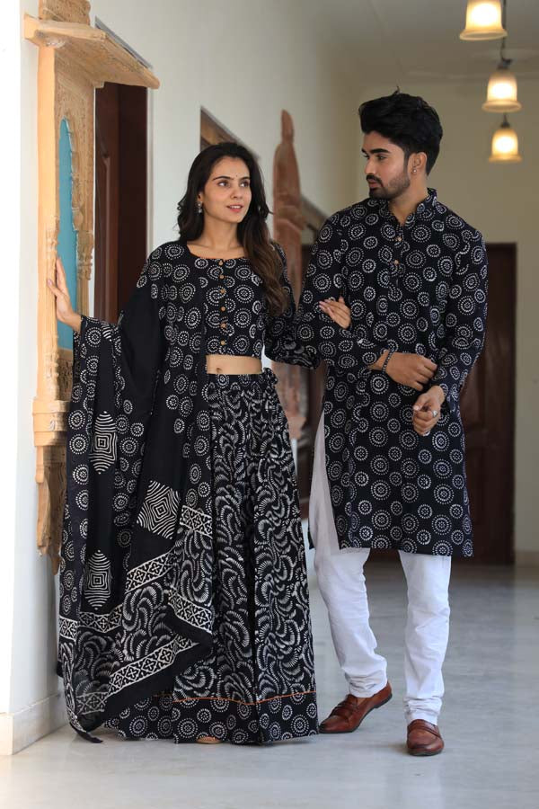 Black Ethnic Women’s Chaniya Choli & Men’s Kurta set