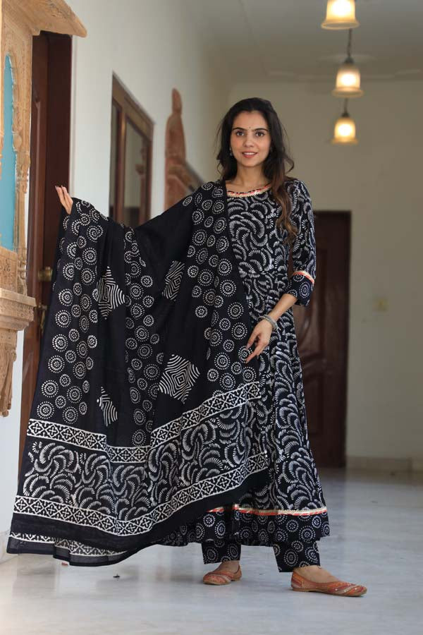 Black Anarkali suit with Mulmul Dupatta