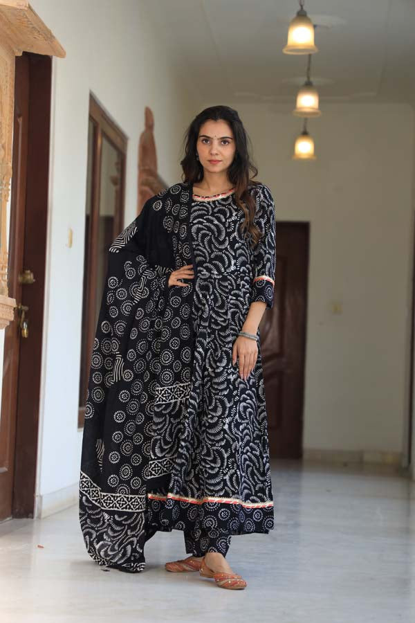 Black Anarkali suit with Mulmul Dupatta