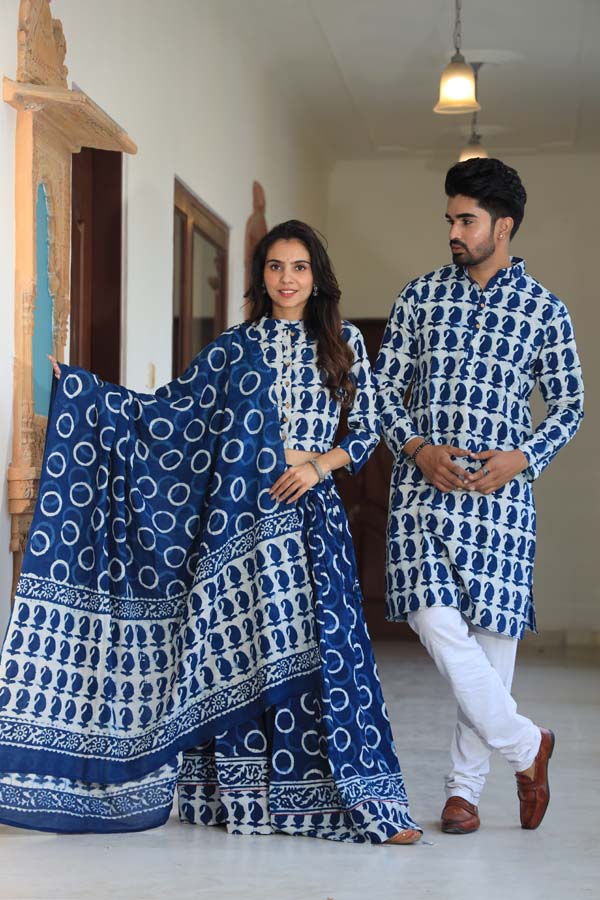 Dark Blue Ethnic Women’s Chaniya Choli & Men’s Kurta set