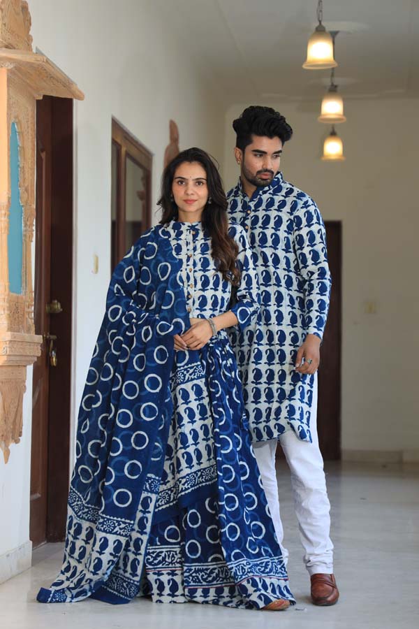 Dark Blue Ethnic Women’s Chaniya Choli & Men’s Kurta set