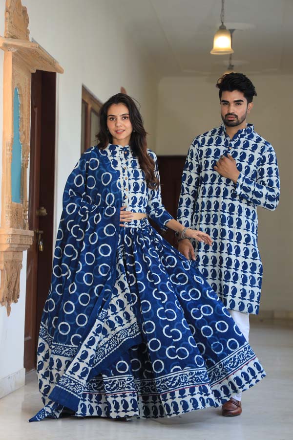 Dark Blue Ethnic Women’s Chaniya Choli & Men’s Kurta set