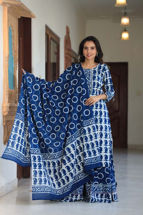 Dark Blue Kurta & Skirt With Dupatta