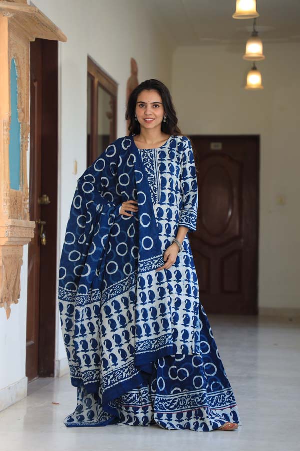 Dark Blue Kurta & Skirt With Dupatta