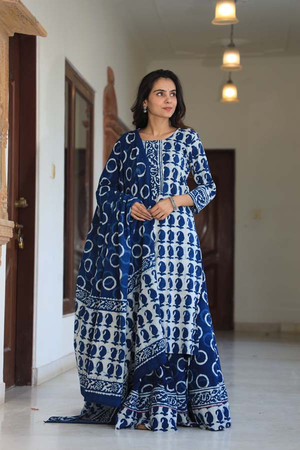 Dark Blue Kurta & Skirt With Dupatta