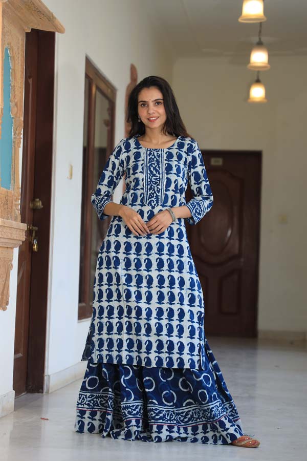 Dark Blue Kurta & Skirt With Dupatta