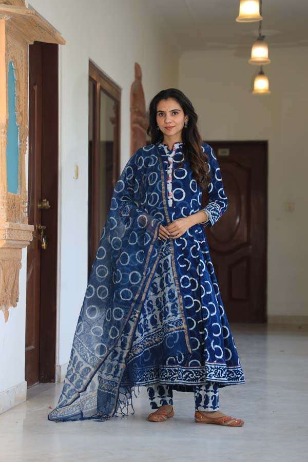 Dark Blue Anarkali suit with Mulmul Dupatta