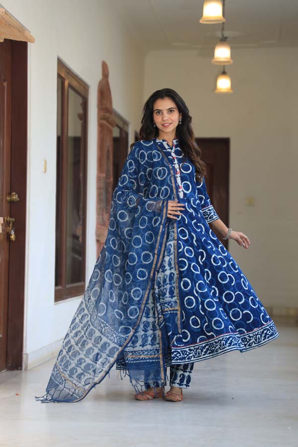 Dark Blue Anarkali suit with Mulmul Dupatta