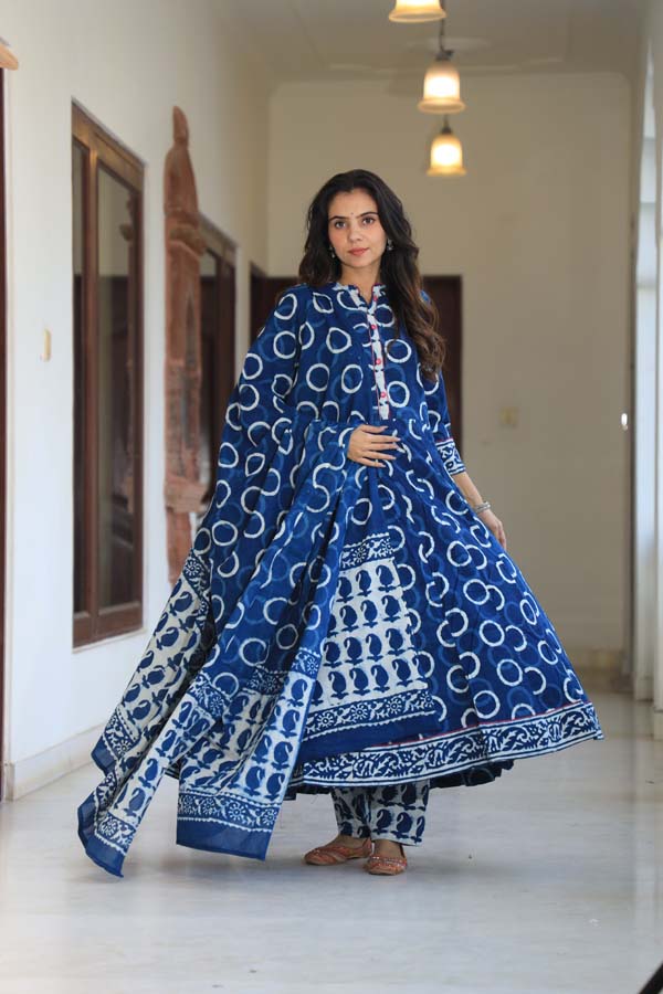 Dark Blue Anarkali suit with Mulmul Dupatta