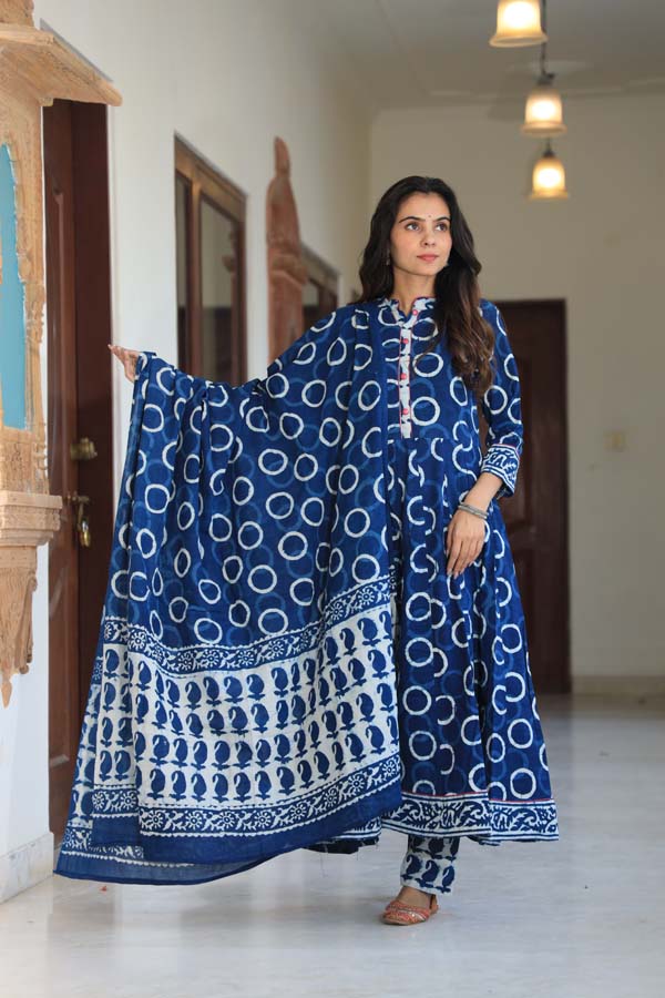 Dark Blue Anarkali suit with Mulmul Dupatta