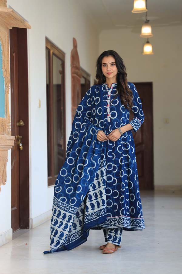 Dark Blue Anarkali suit with Mulmul Dupatta