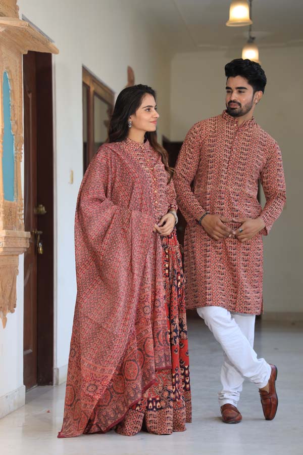 Peach Orange Ethnic Women’s Chaniya Choli & Men’s Kurta set