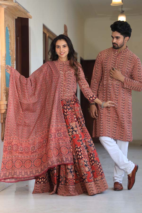 Peach Orange Ethnic Women’s Chaniya Choli & Men’s Kurta set