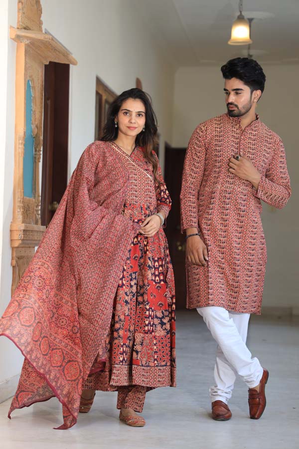 Peach Orange Anarkali & Kurta Sets for couples