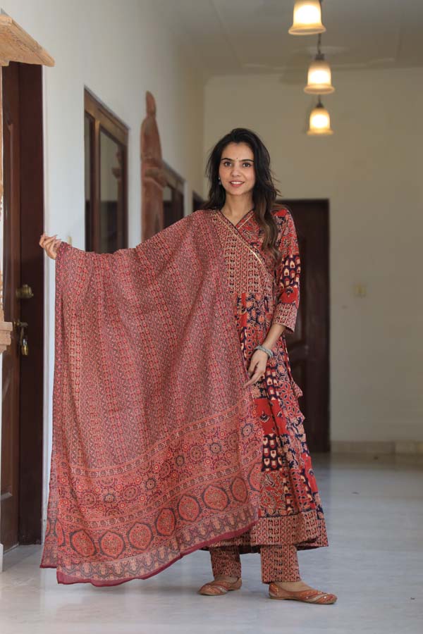 Peach orange Anarkali suit with Mulmul Dupatta