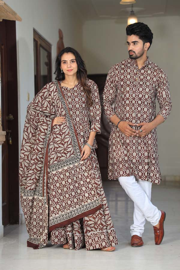 Grey Maroon Ethnic Women’s Chaniya Choli & Men’s Kurta set