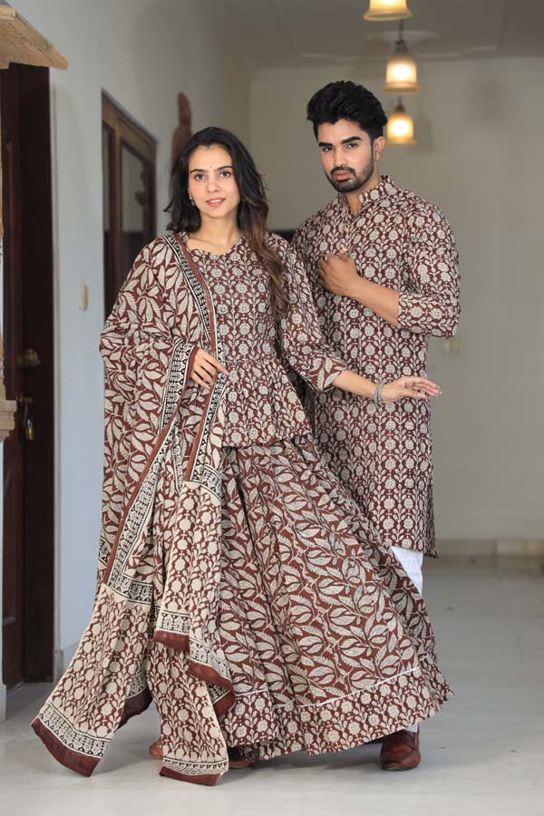 Grey Maroon Ethnic Women’s Chaniya Choli & Men’s Kurta set