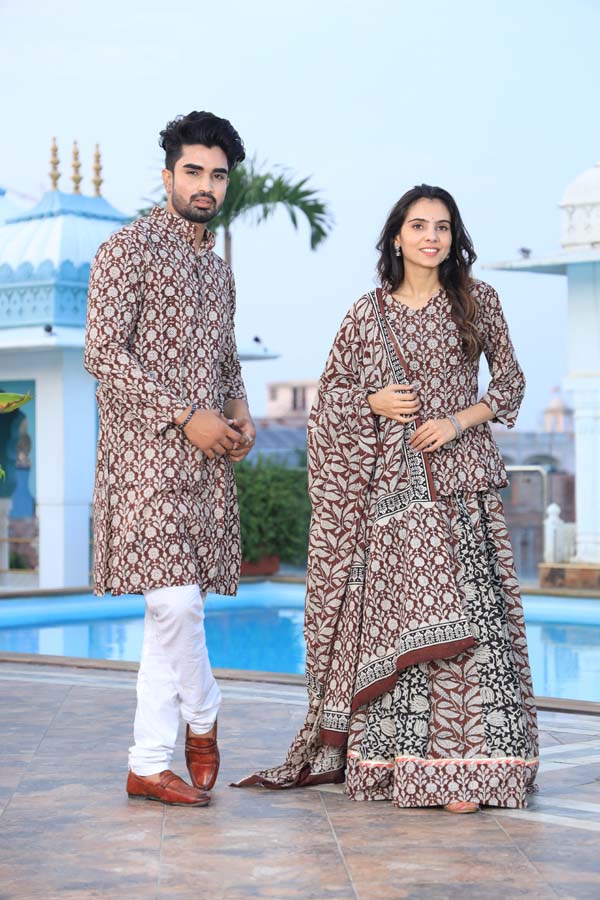 Grey Maroon Ethnic Women’s Chaniya Choli & Men’s Kurta set