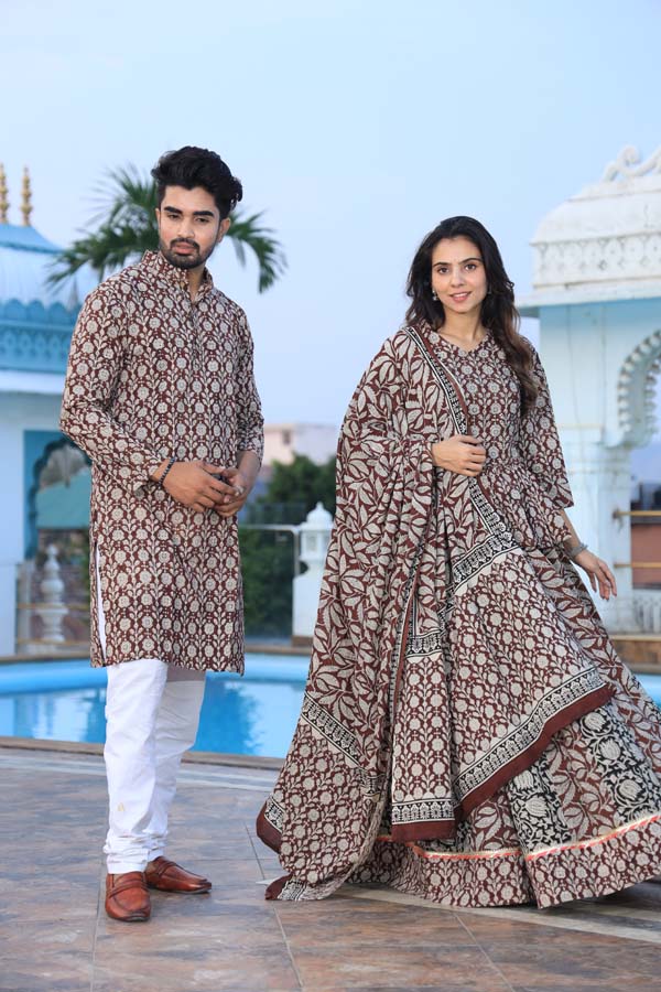 Grey Maroon Ethnic Women’s Chaniya Choli & Men’s Kurta set