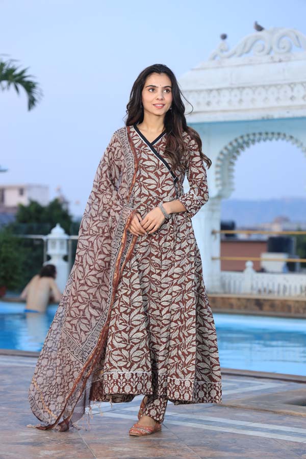 Grey Maroon Anarkali suit with Mulmul Dupatta