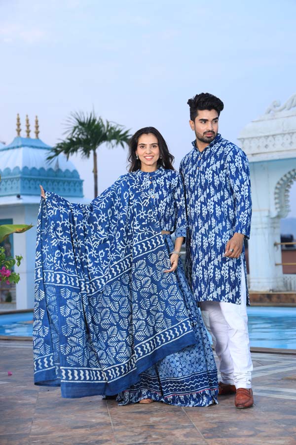 Blue Ethnic Women’s Chaniya Choli & Men’s Kurta set