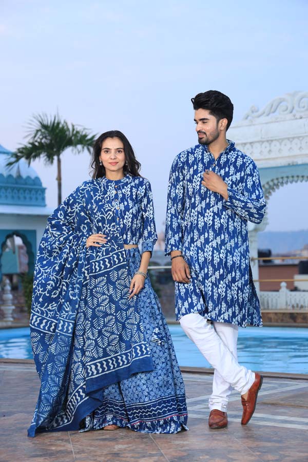 Blue Ethnic Women’s Chaniya Choli & Men’s Kurta set