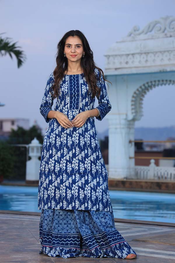 Blue Long Kurta & Skirt With Dupatta